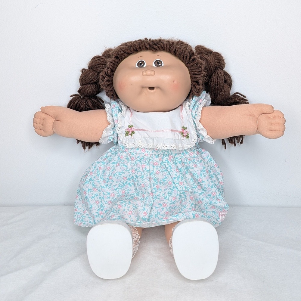 Vintage Cabbage Patch Kids Doll Brown Hair Brown Eyes Floral Dress 1982